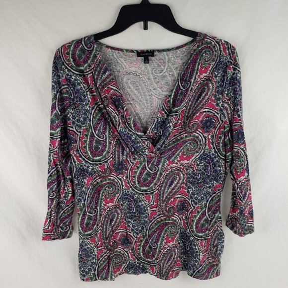 Talbots 3/4 Sleeve Faux Wrap Top Paisley Colorful Stretch Size Small - Picture 1 of 3